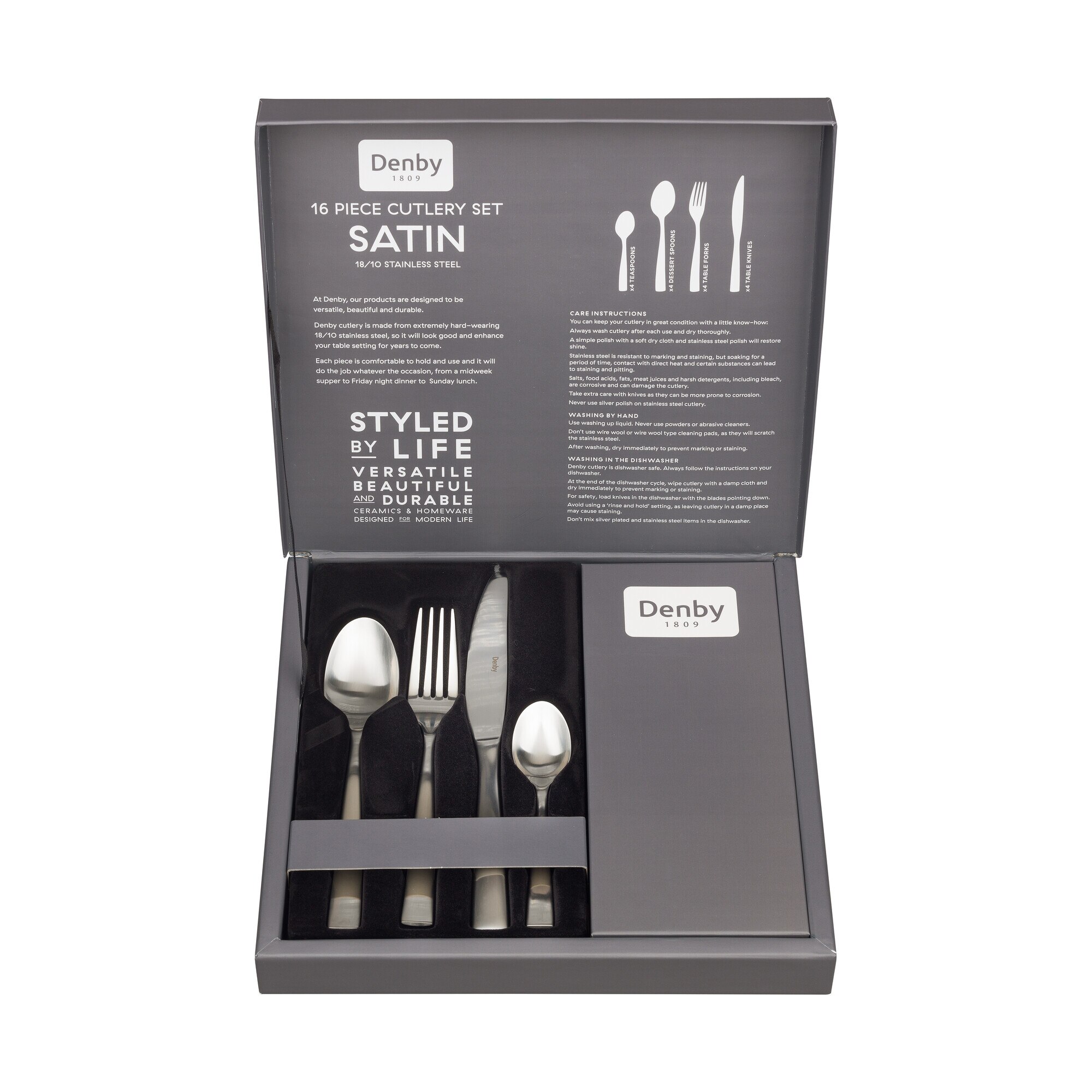 Product photograph of Satin 16 Piece Cutlery Set from Denby Retail Ltd