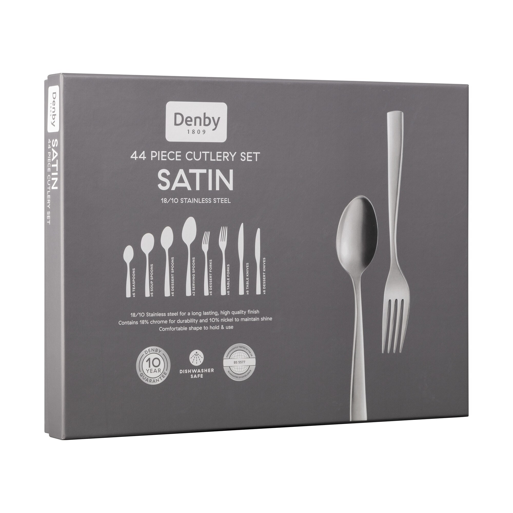 Product photograph of Satin 44 Piece Cutlery Set from Denby Retail Ltd