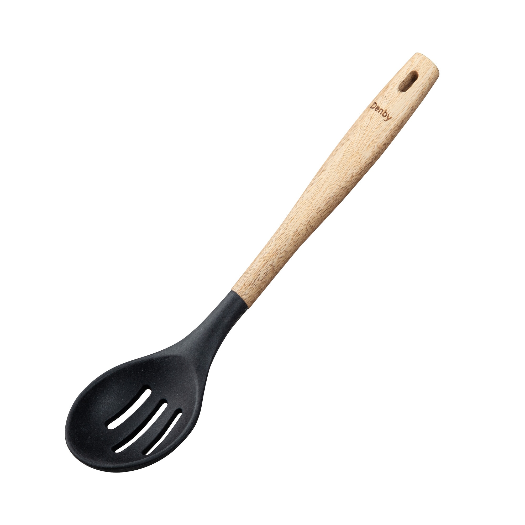Product photograph of Acacia Silicone Slotted Spoon Black from Denby Retail Ltd