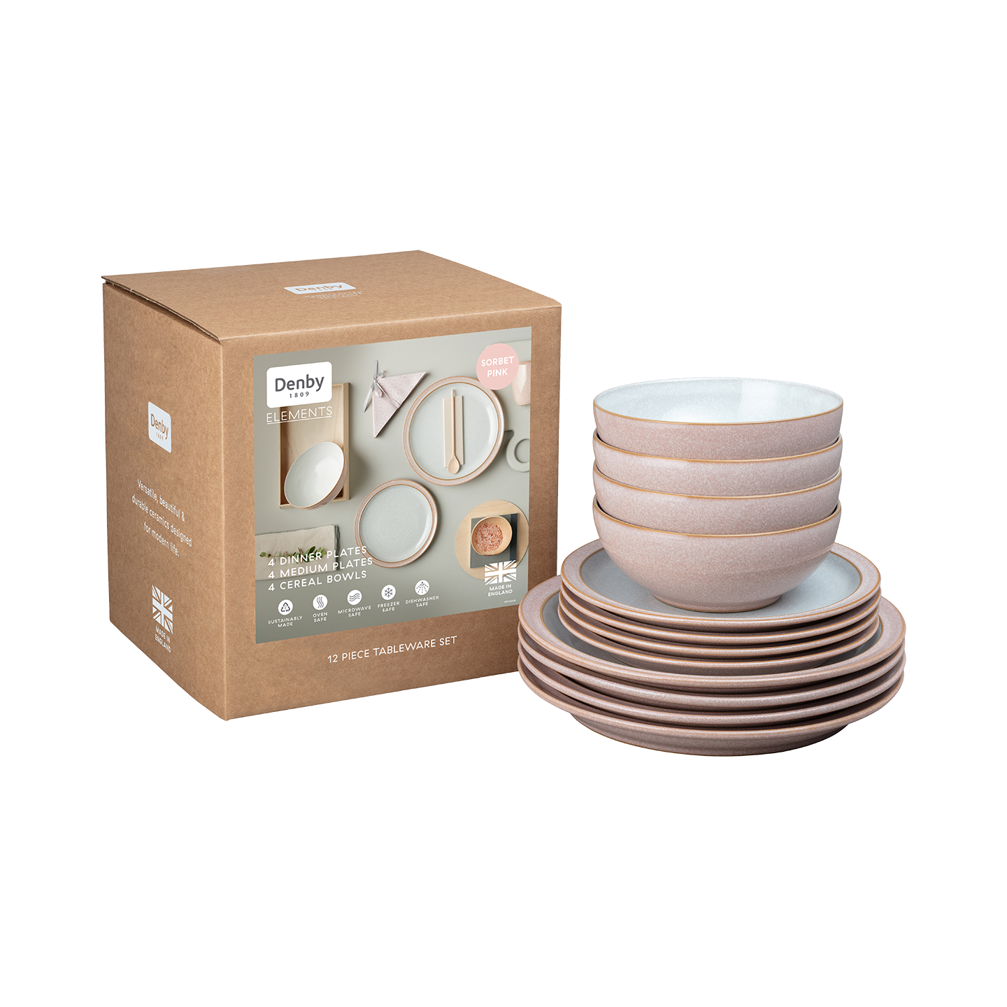 Elements Sorbet Pink 12 Piece Dinner Set