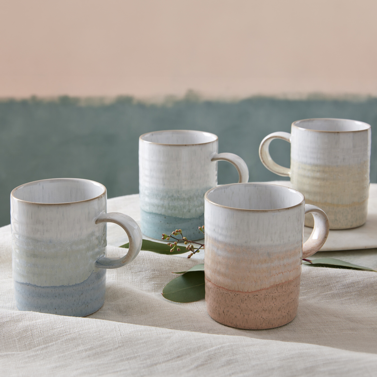 Kiln Lemon And Light Blue Ridged Mugs - Set Of 2