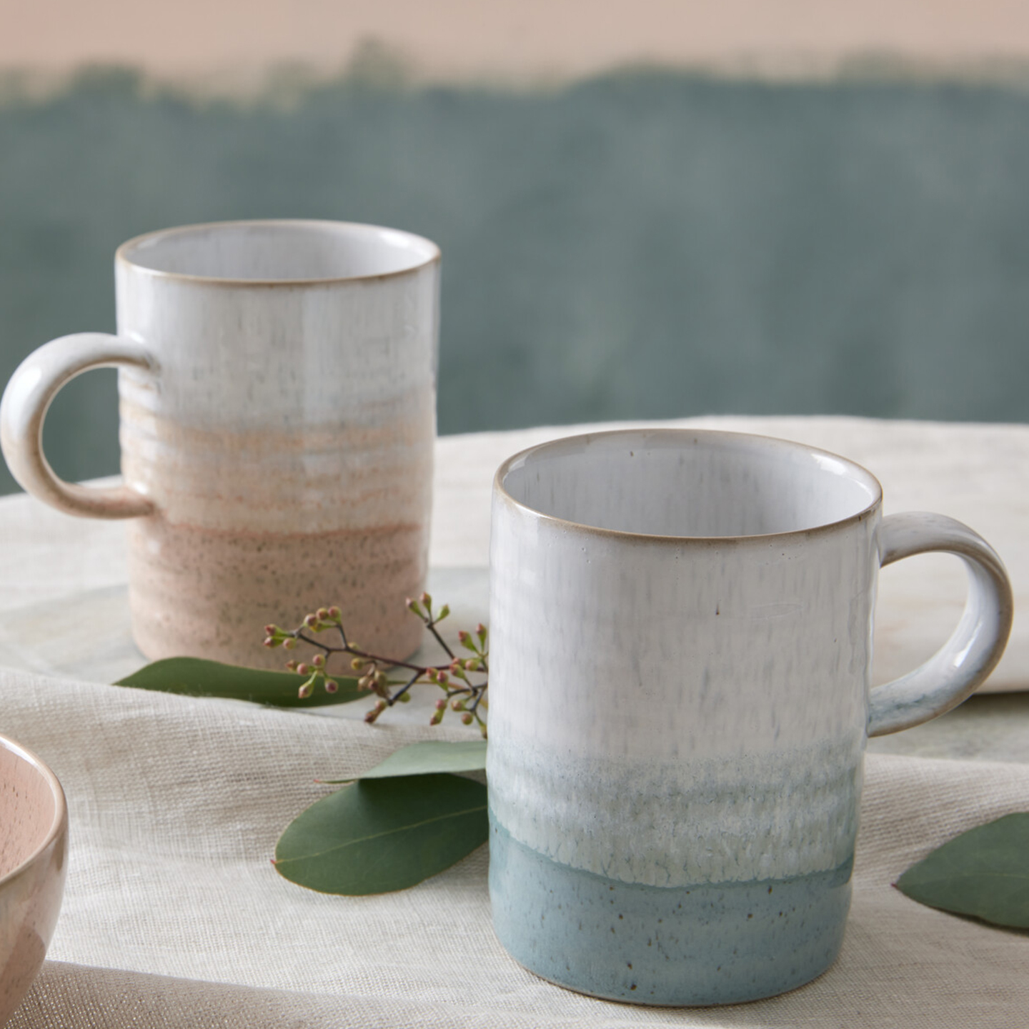 Kiln Green And Coral Ridged Mugs - Set Of 2