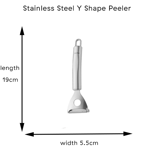 {"default":"stainless steel Y shape peeler: size length 19cm, width 5.5cm and depth 2cm"}
